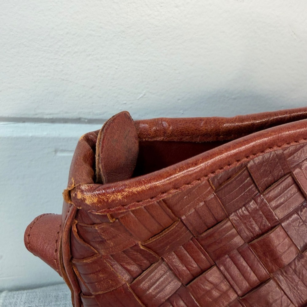 Vintage Woven Leather Crossbody Bag Brown Made in India Boho Basketweave Cottage - Picture 9 of 11